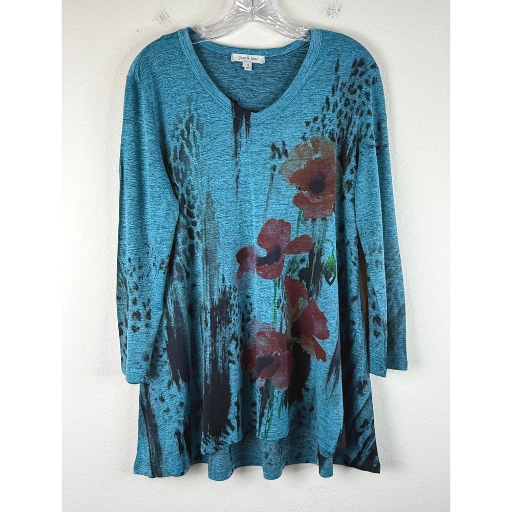 Jess & Jane Tunic Women Small Teal Blue Floral V-Neck 3/4 Sleeve SK2-000 Art Top